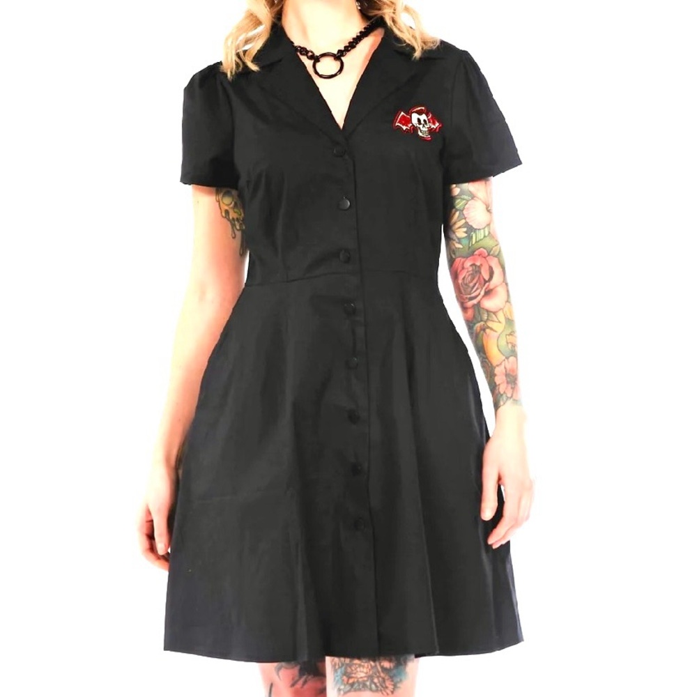 SOURPUSS dress black winged skull patch collared snap closure small NWOT - Picture 3 of 11